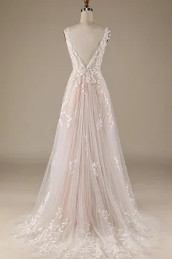 Champagne V-Neck Backless Tule Vestido de Noiva com Renda