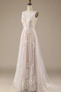 Champagne V-Neck Backless Tule Vestido de Noiva com Renda