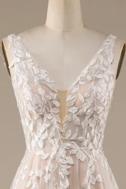 Champagne V-Neck Backless Tule Vestido de Noiva com Renda