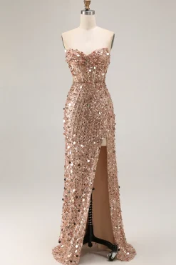 Champanhe brilhante bainha sem alças vestido longo baile de formatura com fenda