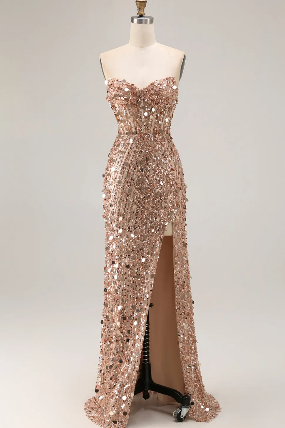 Champanhe brilhante bainha sem alças vestido longo baile de formatura com fenda