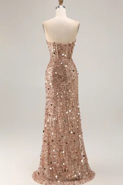 Champanhe brilhante bainha sem alças vestido longo baile de formatura com fenda