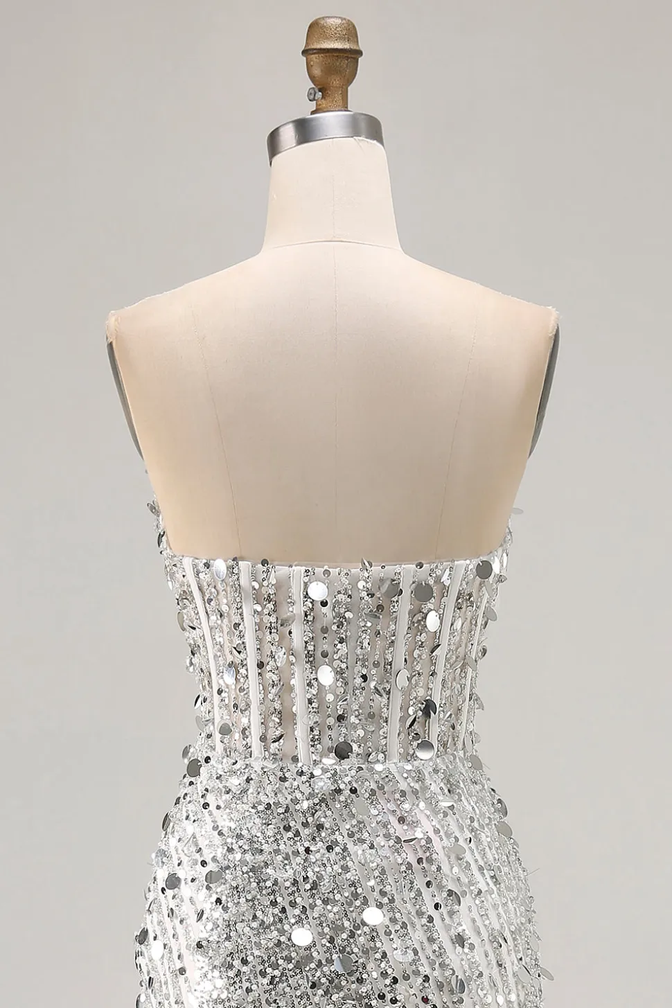 Champanhe brilhante bainha sem alças vestido longo baile de formatura com fenda