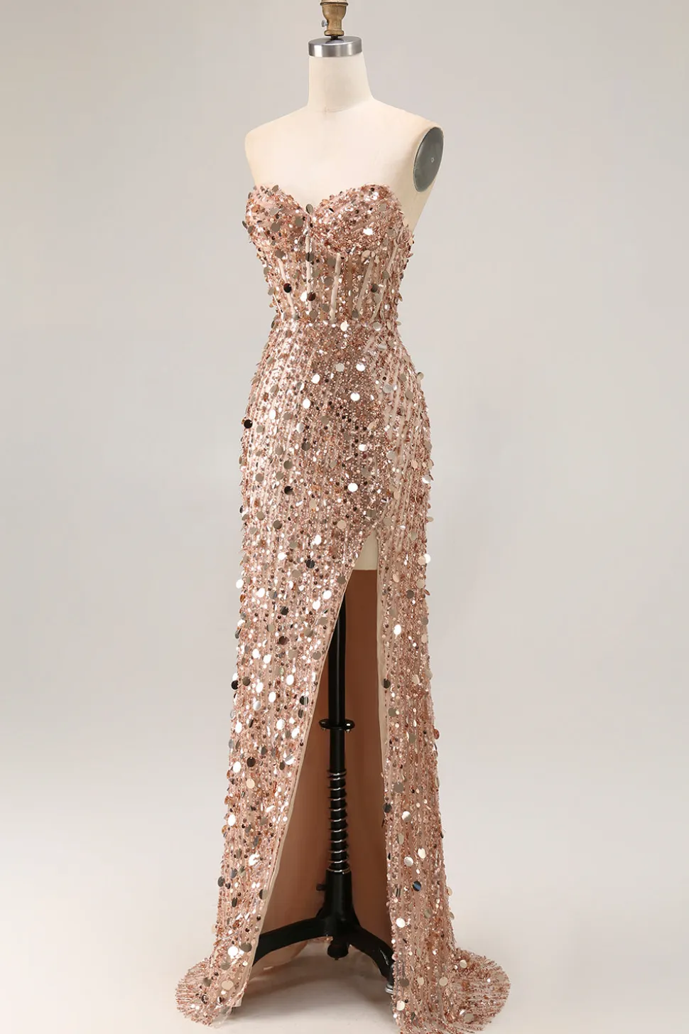 Champanhe brilhante bainha sem alças vestido longo baile de formatura com fenda
