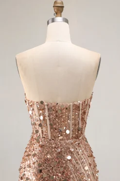Champanhe brilhante bainha sem alças vestido longo baile de formatura com fenda