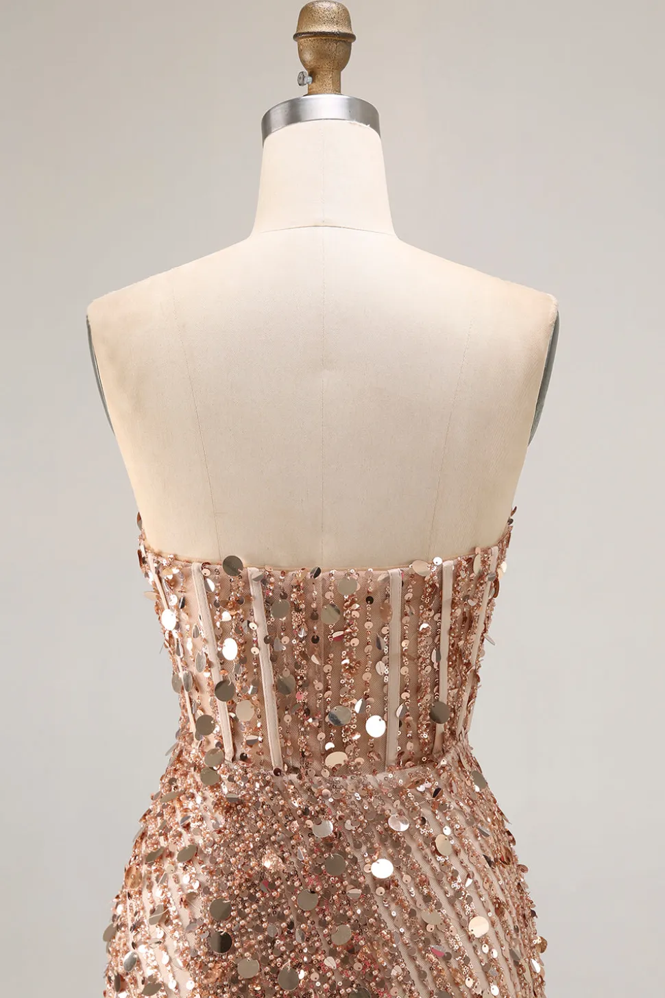 Champanhe brilhante bainha sem alças vestido longo baile de formatura com fenda