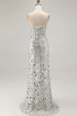 Champanhe brilhante bainha sem alças vestido longo baile de formatura com fenda