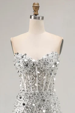 Champanhe brilhante bainha sem alças vestido longo baile de formatura com fenda