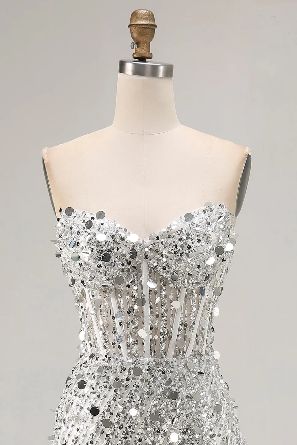 Champanhe brilhante bainha sem alças vestido longo baile de formatura com fenda
