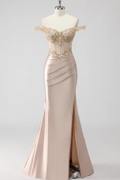 Champanhe brilhante fora do ombro Corset Appliqued Prom Dress com fenda