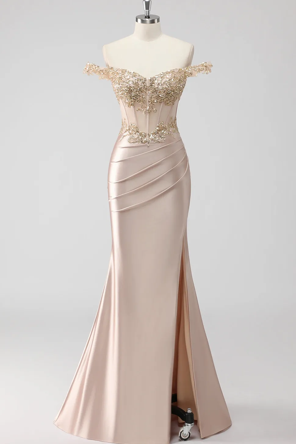 Champanhe brilhante fora do ombro Corset Appliqued Prom Dress com fenda
