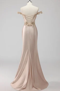 Champanhe brilhante fora do ombro Corset Appliqued Prom Dress com fenda