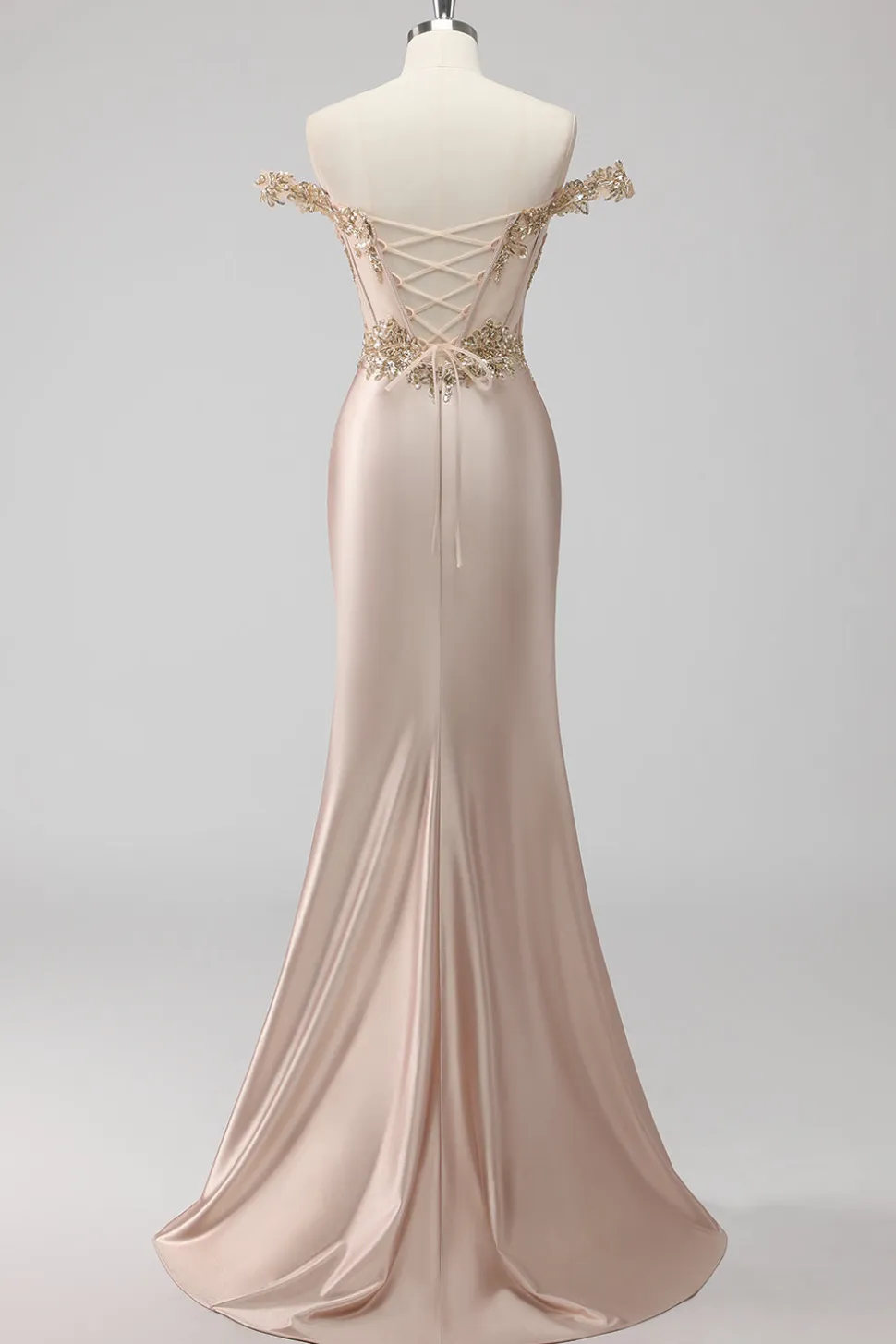 Champanhe brilhante fora do ombro Corset Appliqued Prom Dress com fenda