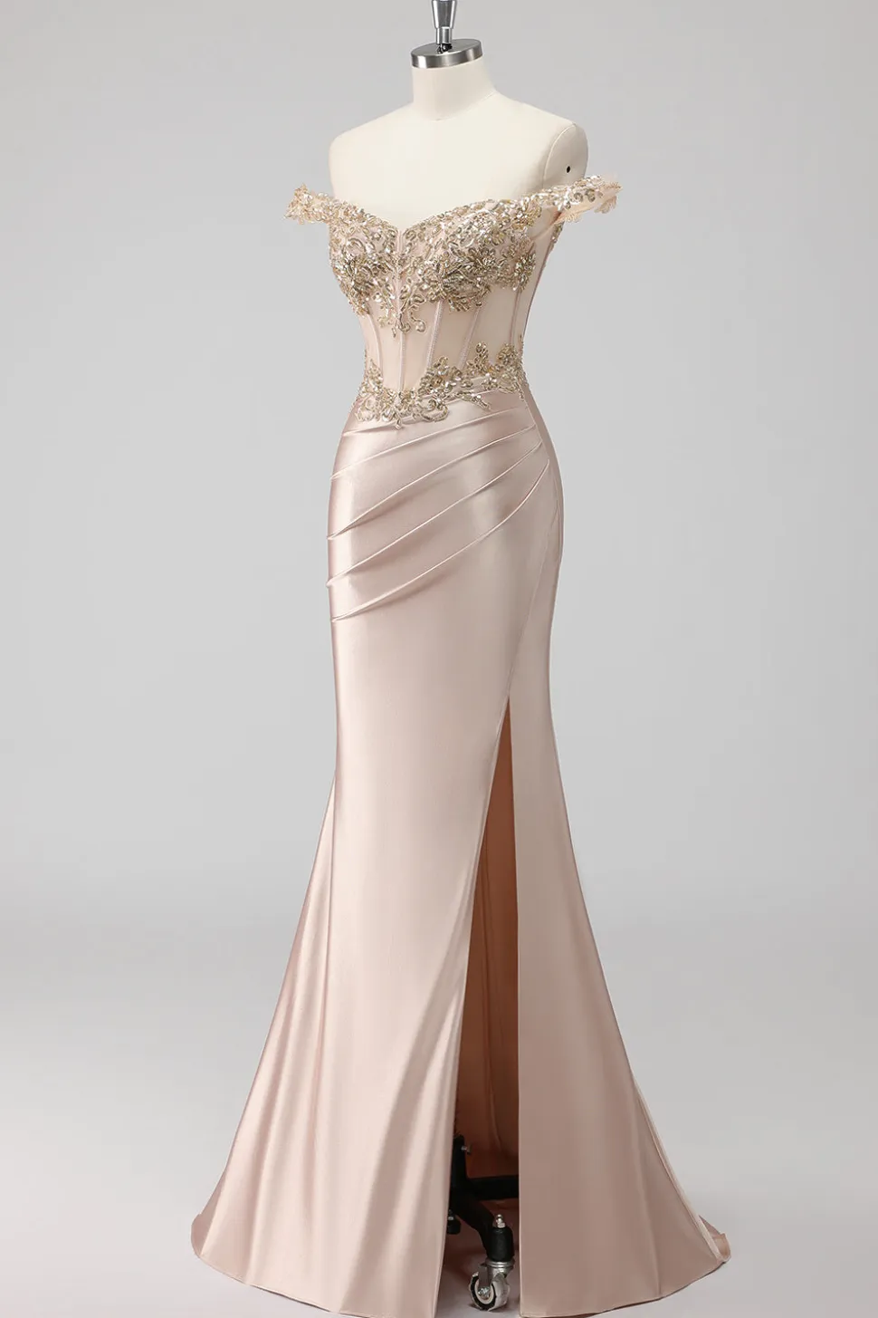 Champanhe brilhante fora do ombro Corset Appliqued Prom Dress com fenda