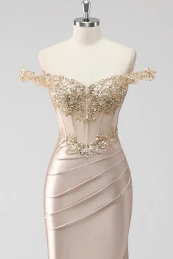 Champanhe brilhante fora do ombro Corset Appliqued Prom Dress com fenda