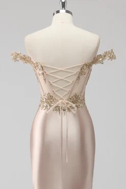 Champanhe brilhante fora do ombro Corset Appliqued Prom Dress com fenda