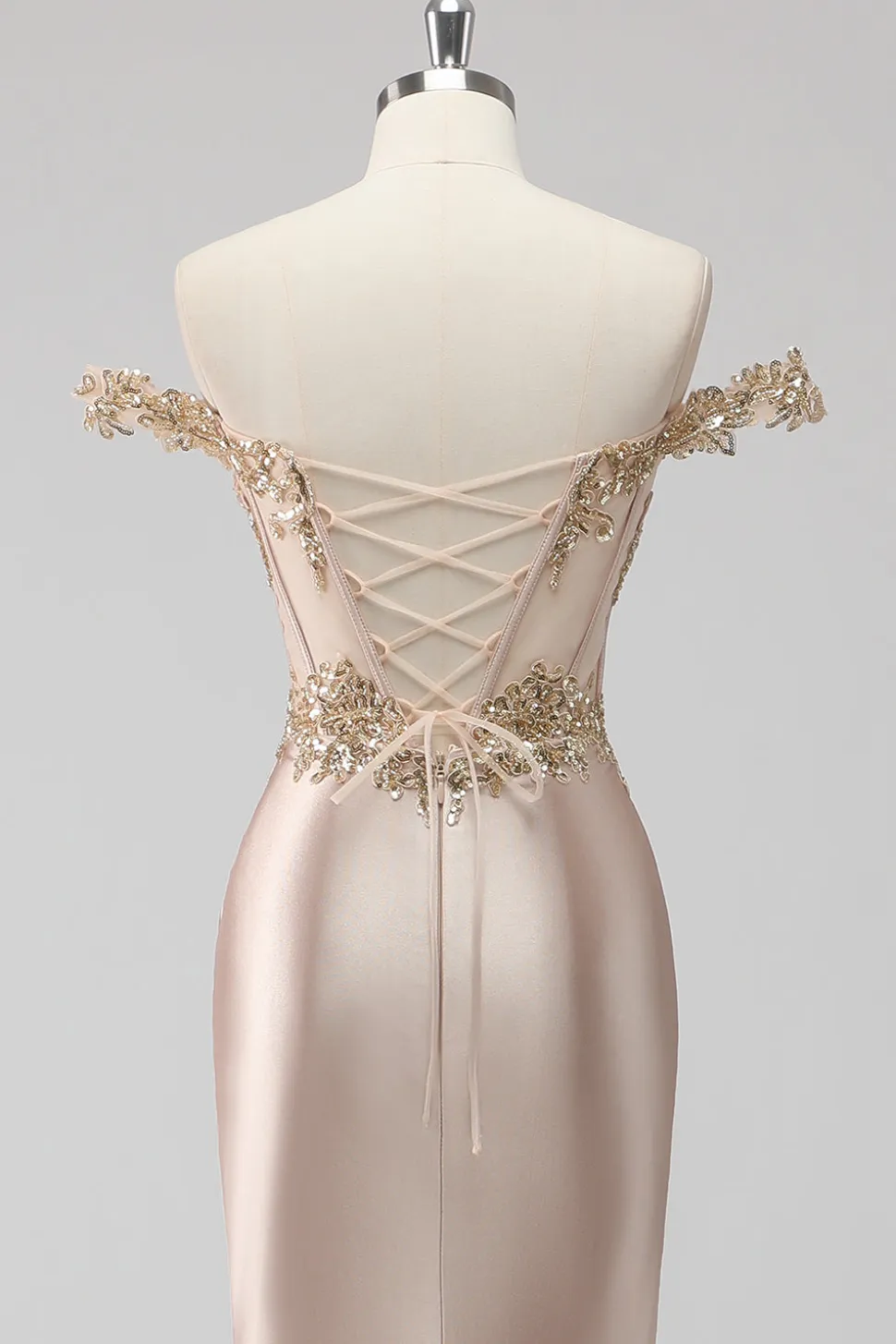 Champanhe brilhante fora do ombro Corset Appliqued Prom Dress com fenda