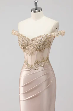 Champanhe brilhante fora do ombro Corset Appliqued Prom Dress com fenda