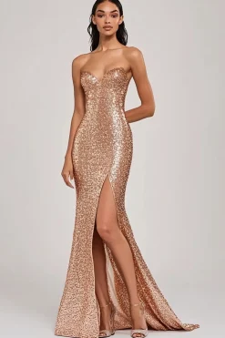 Champanhe brilhante Sereia sem alças Sequins longo vestido de baile com fenda
