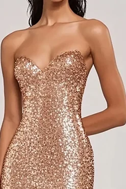 Champanhe brilhante Sereia sem alças Sequins longo vestido de baile com fenda