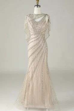 Champanhe brilhante Sereia Sereia Long Prom Dress com Wrap