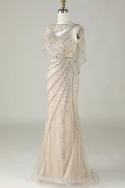 Champanhe brilhante Sereia Sereia Long Prom Dress com Wrap