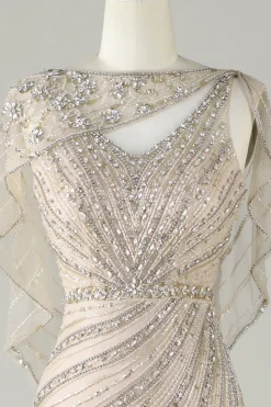 Champanhe brilhante Sereia Sereia Long Prom Dress com Wrap