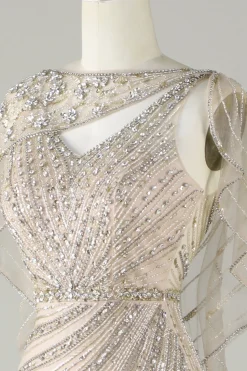 Champanhe brilhante Sereia Sereia Long Prom Dress com Wrap