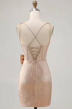 Champanhe Cetim Decote em V Vestido Cocktail com Arco
