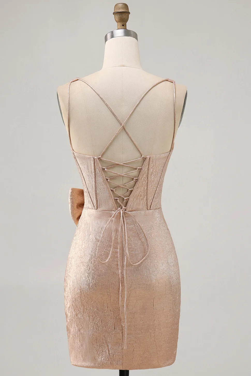 Champanhe Cetim Decote em V Vestido Cocktail com Arco
