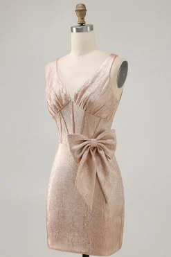 Champanhe Cetim Decote em V Vestido Cocktail com Arco