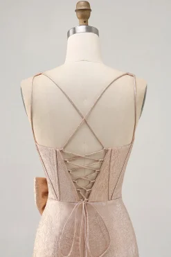 Champanhe Cetim Decote em V Vestido Cocktail com Arco