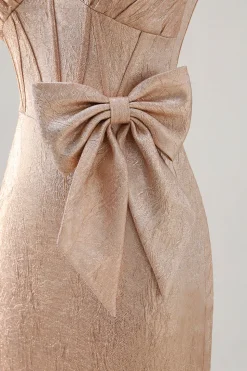 Champanhe Cetim Decote em V Vestido Cocktail com Arco
