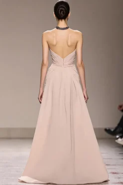 Champanhe cetim Halter longo vestido de noite com missangas