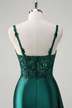 Champanhe Decote em V Cetim Sereia Longo Vestidos Baile De Finalistas com Fenda