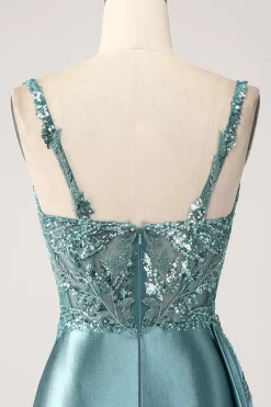Champanhe Decote em V Cetim Sereia Longo Vestidos Baile De Finalistas com Fenda
