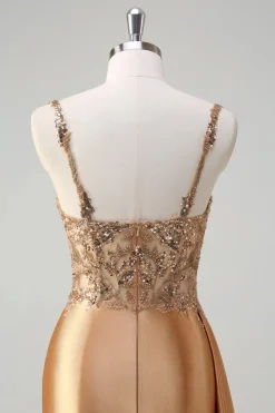 Champanhe Decote em V Cetim Sereia Longo Vestidos Baile De Finalistas com Fenda