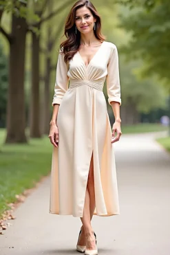 Champanhe Decote em V Linha-A Longo Vestido Mae Noiva com Fenda