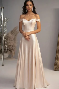 Champanhe elegante A-Line fora do ombro cetim longo vestido de baile