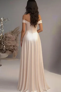 Champanhe elegante A-Line fora do ombro cetim longo vestido de baile