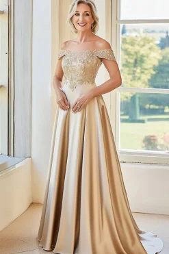 Champanhe elegante fora do ombro A-Line Matte Satin Long Mother of the Bride com bordado