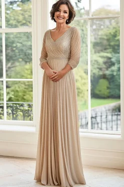 Champanhe Elegante Uma Linha V Pescoço Plissado Mãe do Vestido da Noiva
