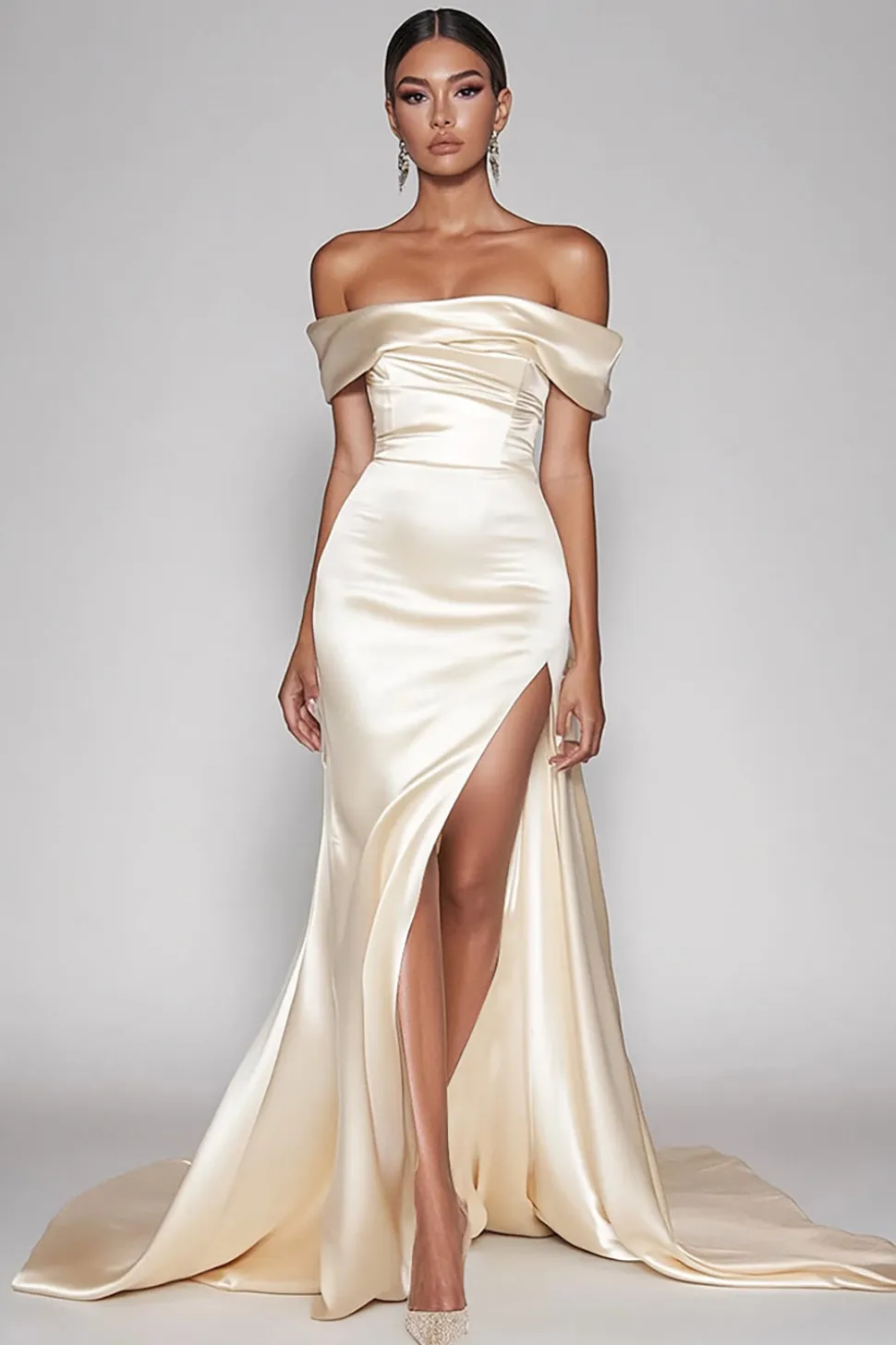 Champanhe Fora do Ombro Cetim Longo Vestido de Baile com Fenda