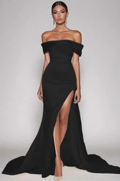 Champanhe Fora do Ombro Cetim Longo Vestido de Baile com Fenda