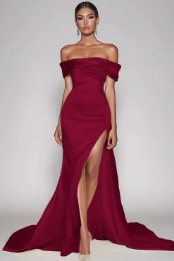Champanhe Fora do Ombro Cetim Longo Vestido de Baile com Fenda