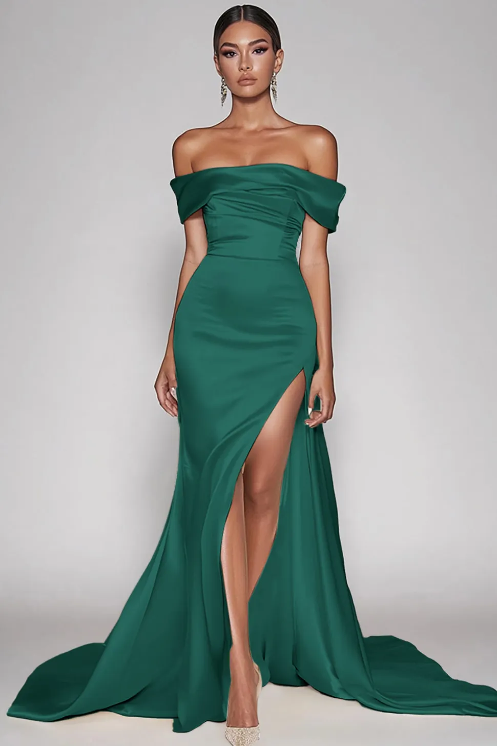 Champanhe Fora do Ombro Cetim Longo Vestido de Baile com Fenda