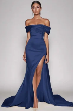 Champanhe Fora do Ombro Cetim Longo Vestido de Baile com Fenda