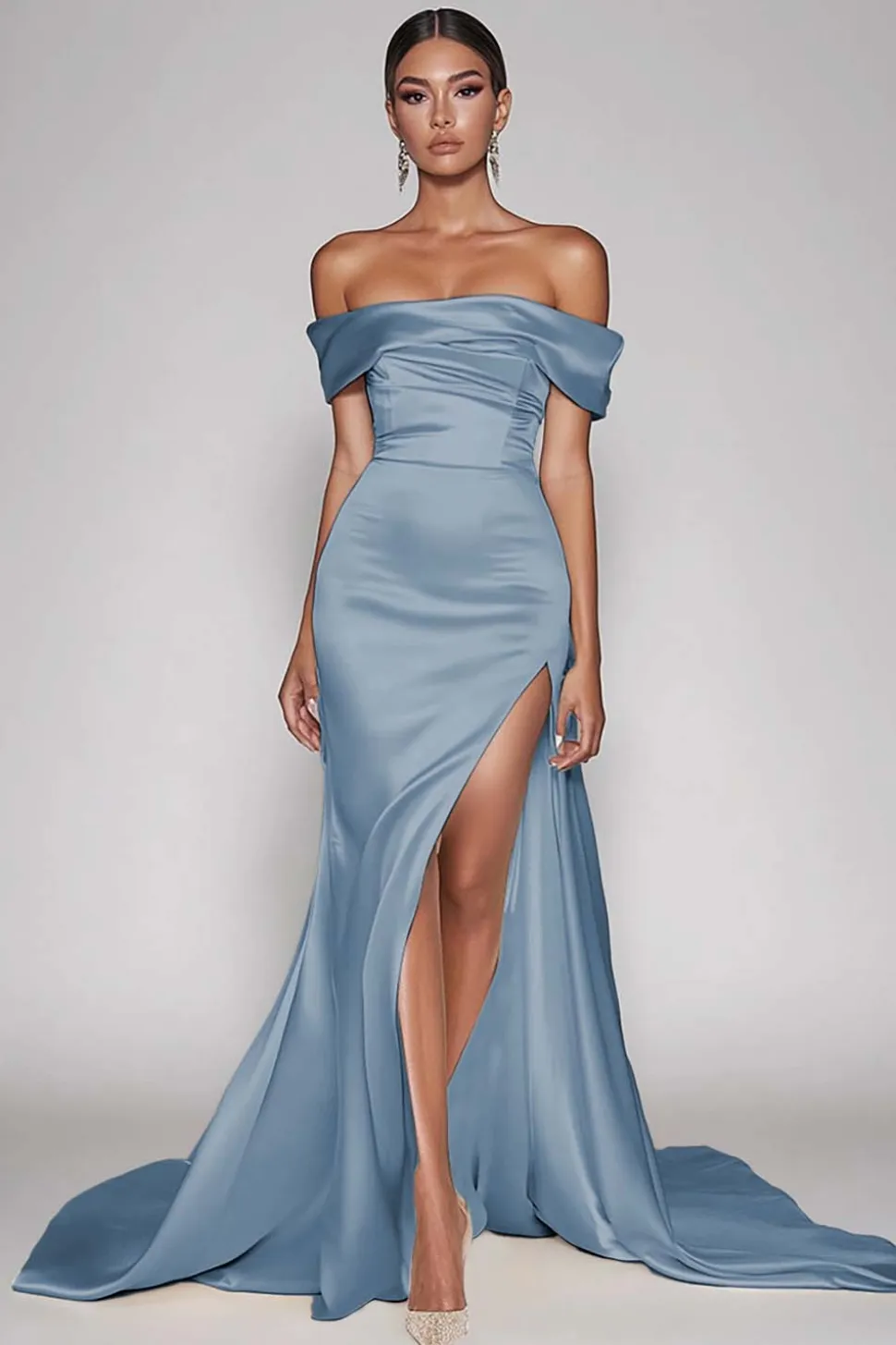 Champanhe Fora do Ombro Cetim Longo Vestido de Baile com Fenda