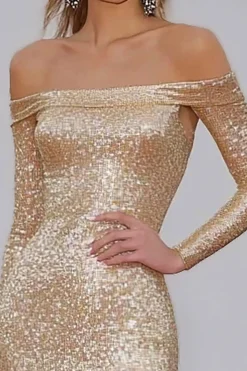 Champanhe fora do ombro Sequins bainha vestido de gala com mangas compridas