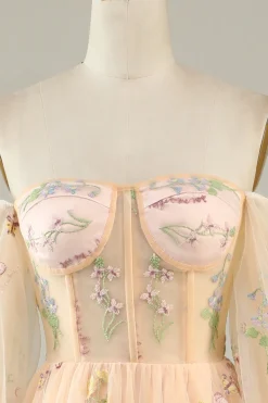 Champanhe Fora do Ombro Vestido Cerimónia A Line